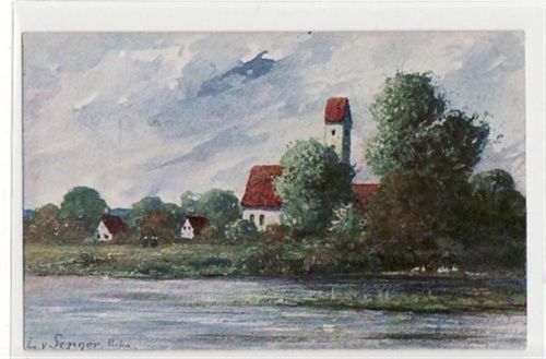 Fürstenfeldbruck Künstlerkarte Fürstenfeldbrucker Künstlerkolonie. Künstler L. v. Senger. Kirche mit Häuser und Gewässer, vermutlich bei Fürstenfeldbruck ungelaufen Gute Erhaltung.
