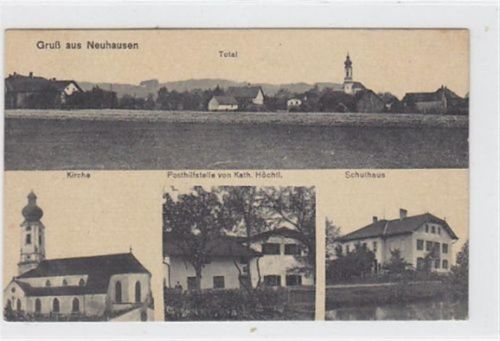 Gruß aus Neuhausen. Totalansicht Kirche Posthilfstelle von Kath. Höchtl Schulhaus ungelaufen Karte war festgeklebt. Kleine Anhaftungen Rückseite, sonst gut erhalten.