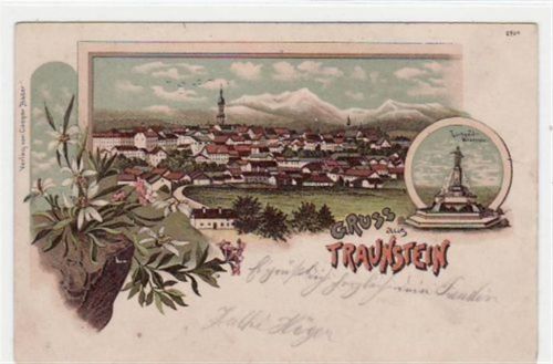 Traunstein Traunstein, Lithographie mit 3 Abbildungen gelaufen von 1901. Albumabdrücke an den Ecken leicht stockfleckig, sonst gut erhalten