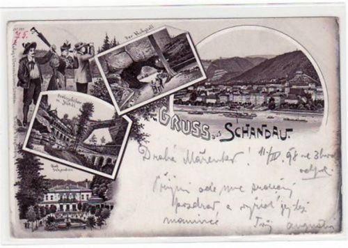 Bad Schandau Bad Schandau, Lithographie Kuhstall, Bad, Prebischtor und Hotel gelaufen von 1898. leichte Eckabschürfungen und Rändern, Oxydationsspuren an den Rändern, Ecken mit Albumabdrücken, sonst gut erhalten.
