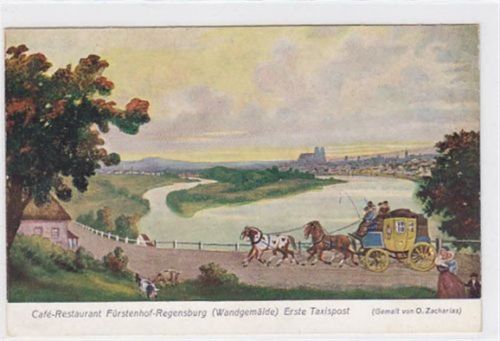 Regensburg Künstlerkarte vom Cafe - Restaurant Fürstenhof bei Regensburg. Wandgemälde. Erste Taxispost. Gemalt von O. Zacharias. Ungelaufen. Sehr gute Erhaltung.