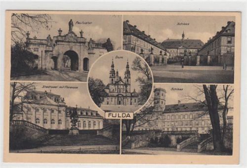 Fulda Fulda. 5 Abbildungen. Schloss Paulustor Dom Stadtsaal Floravase gelaufen, mit Stempel von 1936. Marke entfernt. Rückseite leicht fleckig, sonst gut erhalten