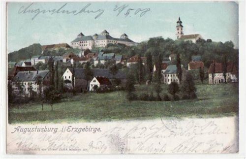Augustusburg Augustusburg mit Gesamtansicht gelaufen von 1908. Leicht bügig, leicht fleckig, sonst gut erhalten