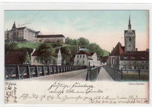 Gera Gera mit Schloss Osterstein gelaufen von 1903. Leichter Stempeldurchdruck, Oxydationsspuren rechter Rand, sonst gut erhalten.