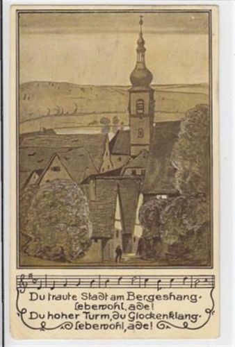 Rothenfels am Main, Künstlerkarte mit Blick auf die Kirche gelaufen, mit Marke und Stempel von 1919 kleiner Knick oben und unten rechts, unten links leicht bügig, sonst gut erhalten
