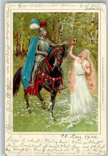 Weiß gekleidete Frau mit langen blonden Haaren reicht einem Ritter zu Pferde ein Trinkhorn Adelskorrespondenz Ritter 1900 Lithographie / Künstlerkarte