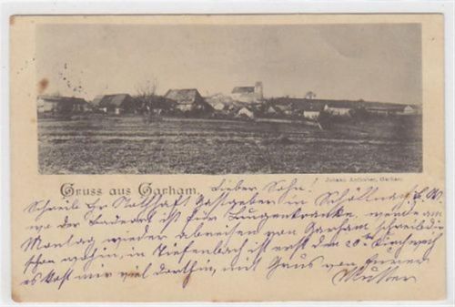 Gruss aus Garham gelaufen 1898. Vorder- und Rückseite fleckig, sonst gut erhalten.