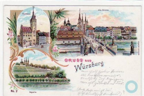 Würzburg Würzburg, Lithographie mit 3 Abbildungen gelaufen von 1899 kleiner Knick oben rechts, sonst gut erhalten