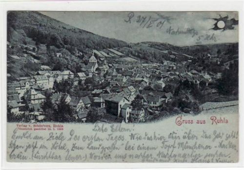 Ruhla Lithographie. Gruß aus Ruhla i. Thür. Totalansicht gelaufen 1901. Gute Erhaltung.