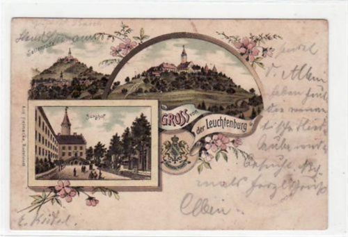 Leuchtenburg bei Kahla a.d. Saale, Lithographie mit Burghof, Seitenroda und Burg gelaufen von 1902. Vorder- und Rückseite stark stockfleckig, sonst gut erhalten.