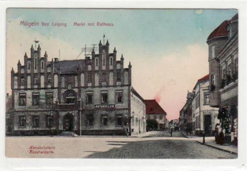 Mügeln Mügeln mit Markt und Ratskeller gelaufen von 1912 kleiner Knick unten links, leicht fleckig, sonst gut erhalten.