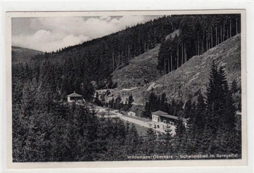 Wildemann Wildemann / Oberharz. Schwimmbad im Spiegeltal gelaufen, 1937. Leichter Stempeldurchdruck, leichter Bug oben und unten links, sonst gut erhalten