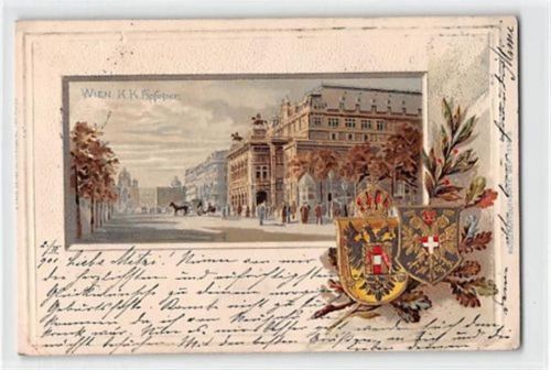 Rahmenkarte Wien. K. K. Hofoper mit Prägewappen gelaufen kleiner Knick unten rechts, zwei kleine Beschädigungen auf der linken Seite oben und in der Mitte, sonst gut erhalten