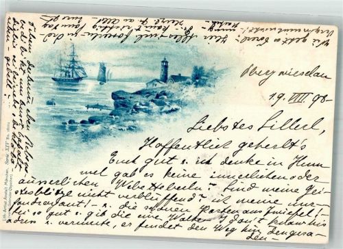1898 Segelschiff vor Küstenlinie mit Leuchtturm Adelskorrespondenz