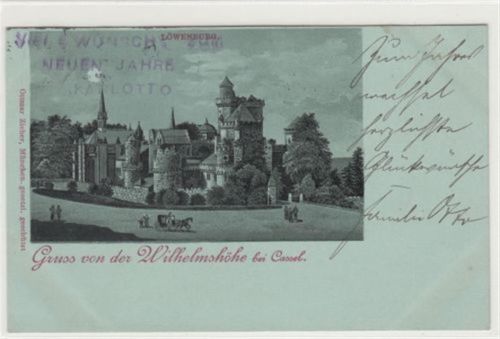 Wilhelmshöhe Kassel - Wilhelmshöhe. Löwenburg im Mondschein gelaufen, 1901. Ecken mit Albumabdrücken, leichte Stempelspuren, sonst gut erhalten