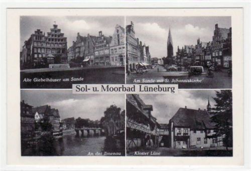 Lüneburg, 4 Abbildungen mit Kloster Lüne u. Giebelhäuser am Sande. ungelaufen Nachkriegskarte. Gute Erhaltung.
