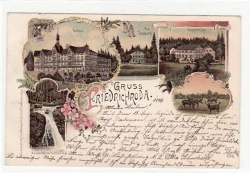 Friedrichroda Gruß aus Friedrichroda. Kurhaus Tanzbuche Kostermühle Wasserfall im kühlen Thal gelaufen 1898. Top Erhaltung.