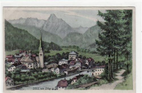 Zell am Ziller, Künstlerkarte mit Gesamtansicht ungelaufen Ecken mit Albumabdrücken, sonst gut erhalten