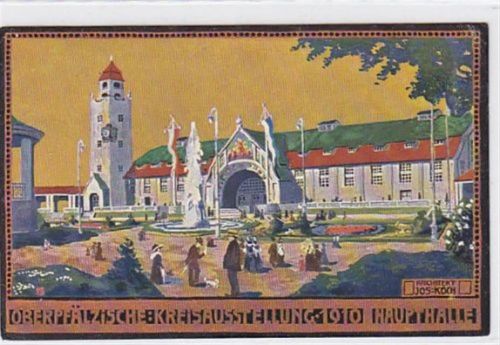 Regensburg Lithographie Regensburg. Haupthalle der Oberpfälzischen Kreisausstellung 1910 gelaufen am 15. Juli 1910 Eckbug oben rechts sonst gut erhalten.