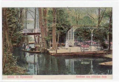 Lehde im Spreewald mit Gasthaus zum fröhlichen Hecht gelaufen von 1909. Gute Erhaltung.