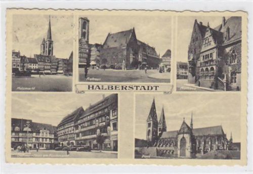 Halberstadt Halberstadt mit Holzmarkt, zwei verschiedene Aufnahmen vom Rathaus, Dom und Büttner-Haus am Fischmarkt gelaufen 1936. Leichte Stempelspuren, sonst gut erhalten.