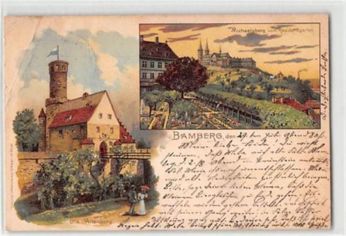 Bamberg Lithographie Bamberg mit Altenburg und Michaelsberg gelaufen. Leichter Knick oben links, Vorder- und Rückseite leicht fleckig, sonst gut erhalten