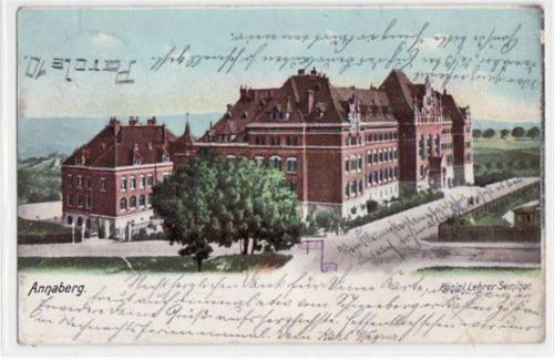 Annaberg-Buchholz Annaberg mit Königl. Lehrer - Seminar gelaufen von 1903. Leichte Knicke oben rechts, leichter Bug unten rechts, leicht fleckig, sonst gut erhalten