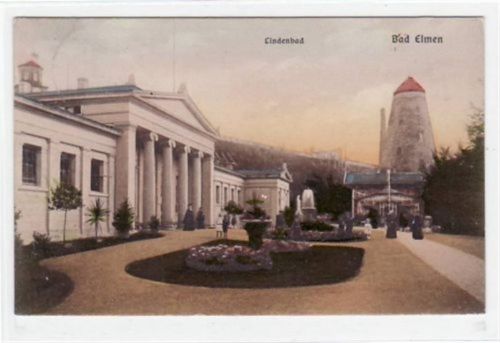 Schönebeck Bad Elmen mit Partie am Lindenbad gelaufen von 1909. Leichter Stempeldurchdruck, leicht stockfleckig, sonst gut erhalten.