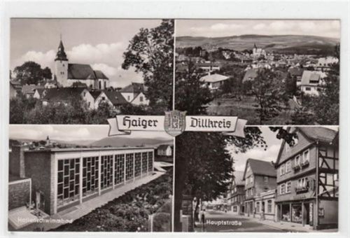 Haiger Haiger im Dillkreis mit Hauptstraße und Hallenschwimmbad gelaufen, ca. 1967. Gute Erhaltung.