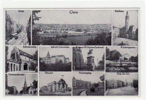Gera Gera mit verschiedenen Abbildungen. Feldpost, mit Stempel von 1942. leichte Eckabschürfungen und Rändern, kleiner Riß am Rand oben links, sehr weiche Karte, sonst gut erhalten.