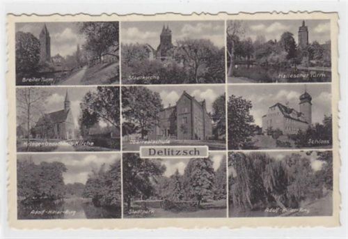 Delitzsch Breiter Turm, Stadtkirche, Hallescher Turm, Krieger-Gedächtnis-Kirche, Oberrealschule, Schloss, Adolf-Hitler-Ring Stadtpark. Karte beschrieben Top Erhaltung. WK II