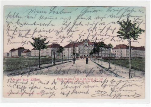 Zittau Zittau mit neuer Kaserne gelaufen von 1904. Leichter Stempeldurchdruck, leicht stockfleckig, kleiner Riß linker Rand, sonst gut erhalten.