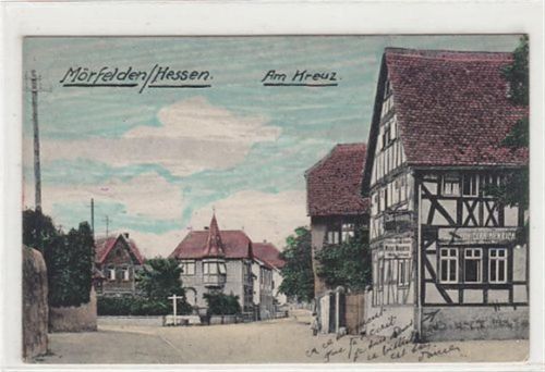Mörfelden in Hessen. Partie am Kreuz mit Gasthaus. Karte beschrieben. Leicht bügig, leicht fleckig, sonst gut erhalten
