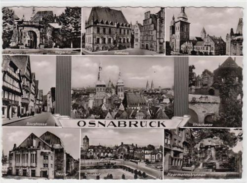Osnabrück Bierstrasse, Bahnhof u. Theater ungelaufen Gute Erhaltung.