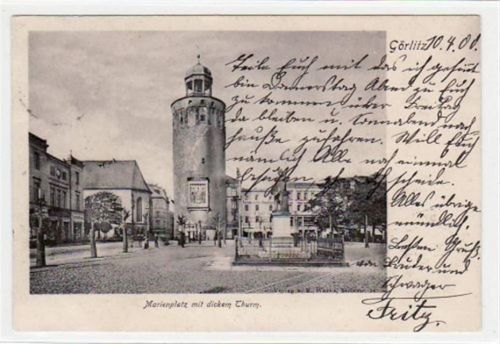 Görlitz Görlitz mit Marienplatz und dickem Thurm gelaufen von 1900. Ecken mit Albumabdrücken, leichte Stempelspuren, sonst gut erhalten.
