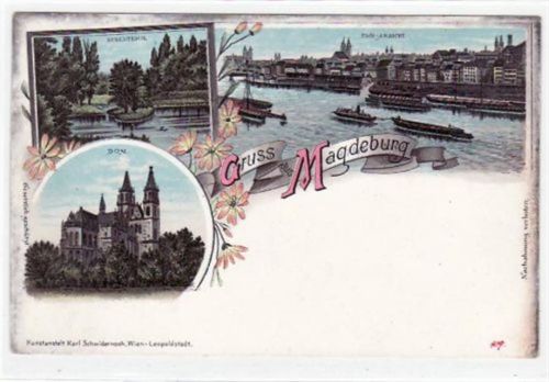 Magdeburg Lithographie Gruss aus Magdeburg Inselteich, Elb - Ansicht und Dom ungelaufen Oxydationsspuren an den Rändern, sonst gut erhalten.