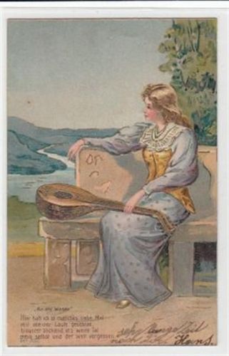Liederkarte " An der Weser ". Frau mit Gitarre. Prägekarte mit Gold gelaufen, 1906. Gute Erhaltung.