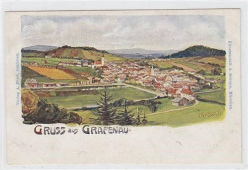 Künstlerkarte Gruss aus Grafenau. Künstler H. Volkert. Totalansicht. Karte beschrieben Leicht beschnitten, sonst gut erhalten.
