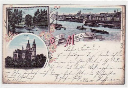 Magdeburg Lithographie Magdeburg Dom, Insel - Teich und Elb - Ansicht gelaufen von 1898 kleiner Knick oben links und unten rechts, Oxydationsspuren an den Rändern, sonst gut erhalten.