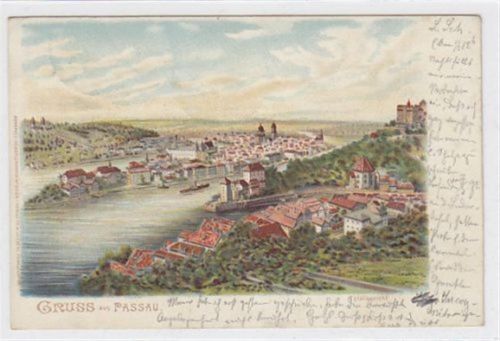 Passau Lithographie Gruss aus Passau. Totalansicht gelaufen 1901. Gute Erhaltung.