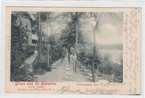 Berlin-Wilmersdorf, Grunewald. Gruß aus St. Hubertus gelaufen, 1903 kleiner Knick mit Einriß unten links, sonst gut erhalten