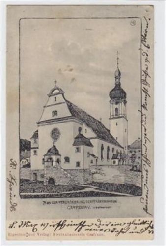 Grafenau, Westansicht - Plan zur Vergrößerung der Pfarrkirche gelaufen. Vorder- und Rückseite fleckig, sonst gut erhalten.