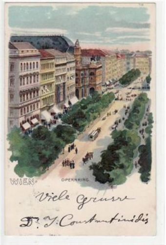 Wien, Lithographie mit Opernring gelaufen von 1901. Gute Erhaltung.