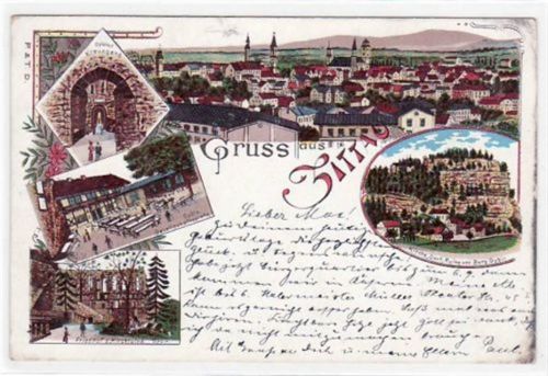 Zittau Zittau, Lithographie mit 5 Abbildungen gelaufen von 1906, Marke entfernt. Oxydationsspuren rechter Rand, Ecken mit Albumabdrücken, kleiner Knick unten rechts, sonst gut erhalten.