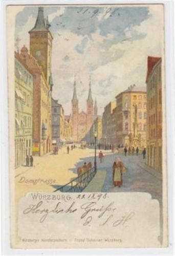 Würzburg Würzburg, Lithographie mit Domstrasse gelaufen, mit Marke und Stempel von 1898. Verlag Scheiner. Ecken mit Albumabdrücken, kleiner Knick unten rechts, leicht fleckig, sonst gut erhalten