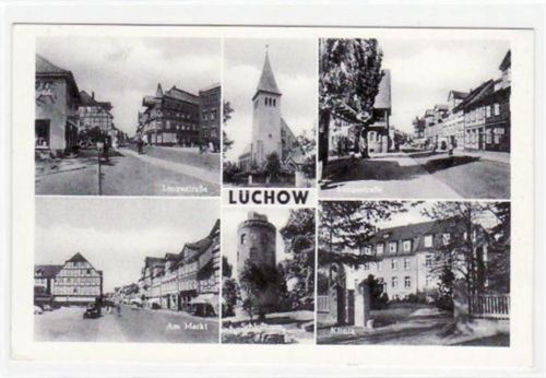 Lüchow mit Langestraße, Schloßturm und Klinik gelaufen, 1957. Die Karte war in einem Album eingeklebt, daher AnhaftungenRückseite, leichter Schrift- und Stempeldurchdruck, sonst gut erhalten