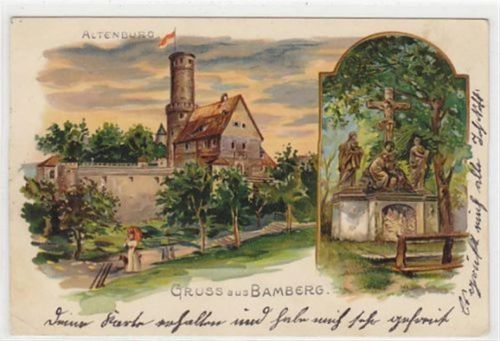 Bamberg Lithographie Bamberg mit Altenburg und Denkmal gelaufen am 29. Juni 1902 Eckbug unten links, sonst gut erhalten