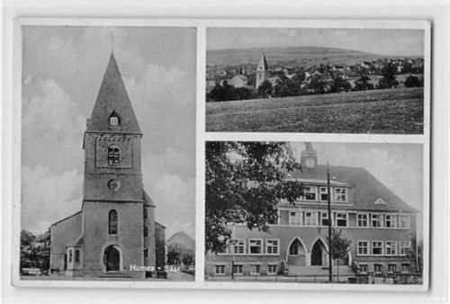 Humes, Saar mit Kirche und großem Gebäude ungelaufen Leicht fleckig, sonst gut erhalten