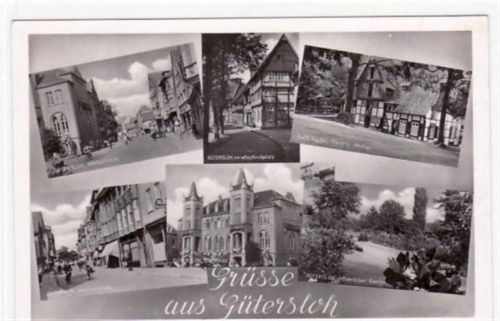 Gütersloh Gütersloh, 6 Abbildungen mit Meiers Mühle u. Königstraße gelaufen, mit Marke und Stempel von 1955. Gute Erhaltung.