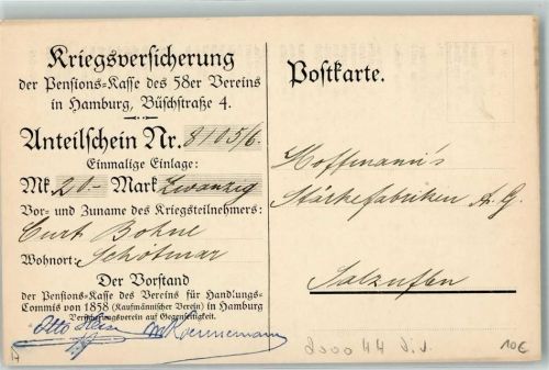 Kriegsversicherung der Pensions Kasse Anteilschein WK I Spende